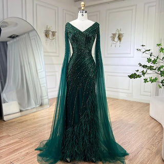 Midnight Majesty: 2024 Black Mermaid Evening Gown with Cape Sleeves and High Split - Luxury Beaded Feathers Dress for Women's Party