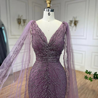 Customized Arabic Nude Luxury A-Line Beaded Evening Dress with Cape Sleeves for Women’s Wedding Party