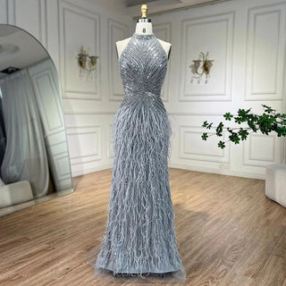 Dubai Halter Beige Feathers Beaded Formal Luxury Mermaid Evening Dress for Women Wedding Party 2024