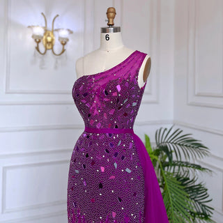 Arabic Purple Mermaid One Shoulder Evening Dress 2024 - High Split, Beaded Luxury Gown for Women's Party