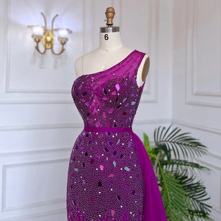Ready to Ship - Arabic Purple Mermaid One Shoulder Evening Dress 2024 - High Split, Beaded Luxury Gown for Women's Party