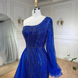 Arabic Blue Mermaid Evening Gown with Beaded Overskirt - Luxury Dress for Women's Wedding Party 2024