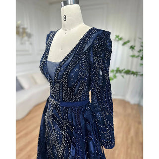 Dubai Blue Mermaid Deep-V Crystal Long Sleeves Luxury Party Dress: Formal Women's Evening Attire, 2024