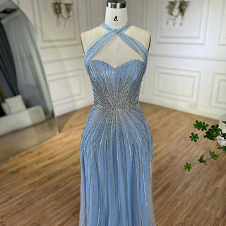 Dubai Azure: 2024 Turquoise Spaghetti Strap A-Line Luxury Beaded Evening Dress - Gown for Women's Wedding Party