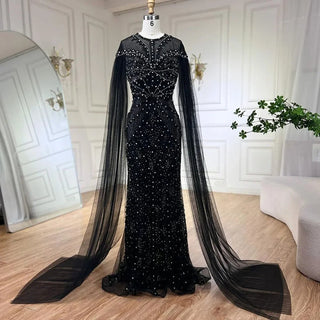 2024 Dubai Arabic Black Mermaid Elegant Cape Sleeves Beaded Luxury Evening Dresses Gown Women Wedding Party