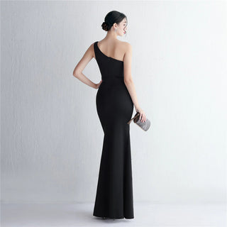 Sexy One-Shoulder Soft Satin Pleated Dress with Beading - Long Evening Party Maxi Dress with Slit for Women