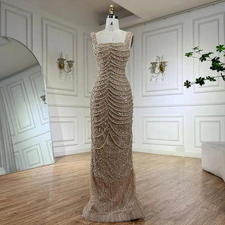 Arabic Nude Spaghetti Strap Mermaid Pearls Beaded Evening Gown for Women | Wedding Party 2025