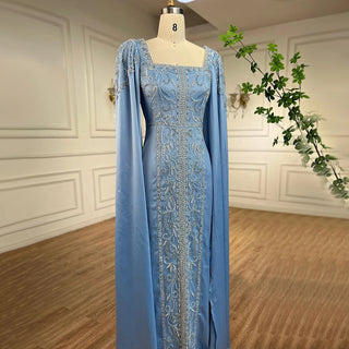 Blue Muslim Elegant Mermaid Evening Dress: Cape Sleeves, Arabic Beaded Gowns for Women's Wedding Party 2024