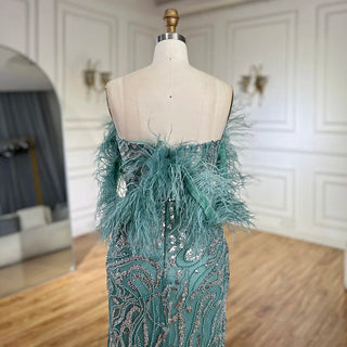 Turquoise Spaghetti Strap High-Split Mermaid Beaded Feathers Evening Gown for Women Wedding Party 2024