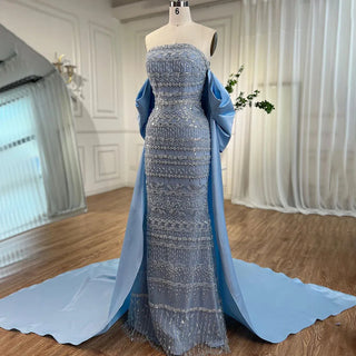 Arabic Sage Blue Elegant Mermaid Strapless Evening Dress: Beaded Sophistication for Women's Wedding Party 2024