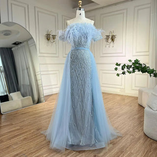 Dubai Blue Elegance: 2024 Luxury Beaded Mermaid Evening Gown with Elegant Overskirt - Dress for Women's Wedding Party