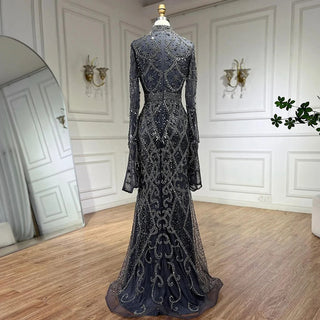 Grey Muslim Mermaid Elegant Cape Sleeve Beaded Luxury Dubai Long Evening Dress - Women's Party 2024