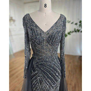 Ships in 1 to 3 Days - Sapphire Serenity: Elegant Beaded V-Neck Mermaid Gown in Blue Grey Party 2024