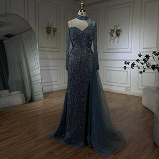 Ships in 1 to 3 Days - Arabic Blue Mermaid Evening Dress with High Split and Beading - Women's Wedding Party Gown (2024)