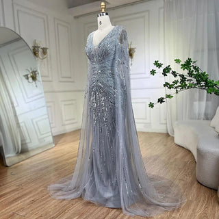 Arabic Silver Mermaid Cape Sleeves Beaded Evening Dress Luxury Gown 2024 for Women Wedding Party