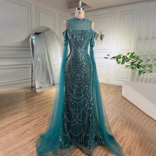 Elegant Arabic Purple Mermaid Evening Dress with Cape Sleeves - Beaded Luxury Gown for Women's Wedding Party 2024