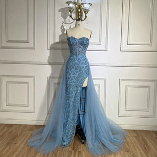 Ships in 1 to 3 Days - Arabic Turquoise Strapless High-Split Mermaid Beaded Luxury Evening Gown for Women Wedding Party 2024