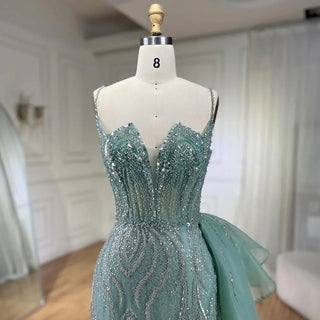 Ships in 1 to 3 Days - 2024 Sky Blue Spaghetti Strap Luxury Evening Dress: Mermaid Beaded Elegant Overskirt for Women's Party