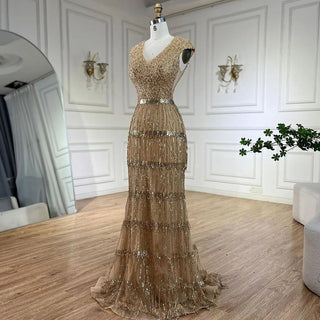 Ships in 1 to 3 Days - Luxury Dubai Arabic Mermaid Gold Elegant Tassel Beaded Evening Dresses Gowns for Women's Wedding Party 2024