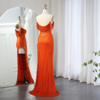 Luxury Crystal Dubai Sage Green Evening Dresses: Orange Arabic High Slit Prom Dress for Women's Wedding Party Elegance