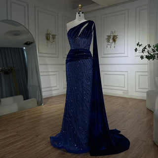 Ships in 1 to 3 Days - Blue Mermaid One Shoulder Elegant Cap Sleeve Beaded Luxury Evening Dresses: Gowns for Women's Party 2024