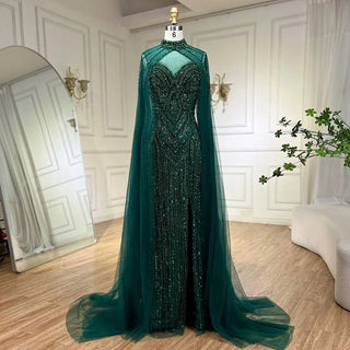 Caramel Cape Sleeves Mermaid High Split Beaded Evening Dress - Long Celebrity Gown for Woman Party