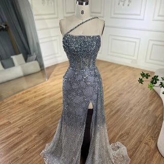 2024 Blue Mermaid Spaghetti Strap High Split Beaded Luxury Evening Dress: Gowns for Women's Wedding Party