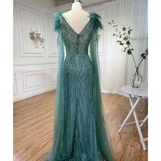 Arabic Blue Mermaid Elegant Cape Sleeves Feather Luxury Beaded Evening Dress - 2024 Collection