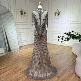 Dubai Luxury High-End Evening Dress 2024 - Champagne Grey with Beaded Tassel Detailing, Formal Attire