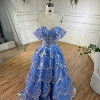 Ships in 1 to 3 Days - Dubai Arabic Blue A-Line Luxury Beaded Bling Evening Dress: 2024 For Women's Wedding Party