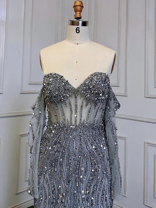 Grey Mermaid Spaghetti Strap Evening Gown: Luxury Beaded Elegance for Weddings and Parties 2024