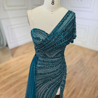 2024 Green Mermaid High Split One Shoulder Beaded Evening Dress: Gowns for Women's Wedding Party