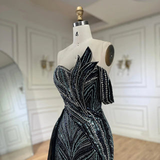 2024 Arabic Blue One-Shoulder Luxury Dubai Evening Gown with Side Overskirt Beaded Dress for Women's Party