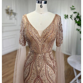 Emerald Elegance: 2024 Luxury Evening Dresses with Cape Sleeves in Rose Gold and Gray