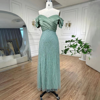 Elegant Off-Shoulder Sage Green Dubai Evening Dresses: Luxury Tassel Accents for Arabic Women's Wedding and Formal Party Gowns (2024)