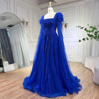 Luxury Dubai A-Line Blue Evening Dress with Cape Sleeves - Feathers Beaded Gown for Women's Wedding Party (2024)