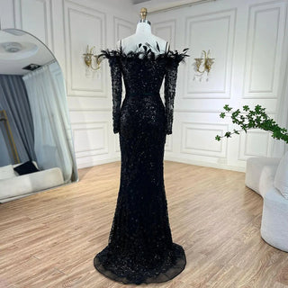 Luxury Dubai Green Boat Neck Mermaid Elegant Feathers Beaded Evening Dresses Gowns For Woman Wedding Party