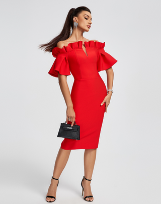 Ships in 1 to 3 Days - Elegant Women Cocktail Dress - Stringy Selvedge Design Short Sleeve Slim Fit Red Bandage Dress 2024