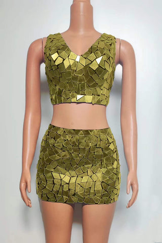 Geometric Mirror Mosaic Crop Top and Mini Skirt Set