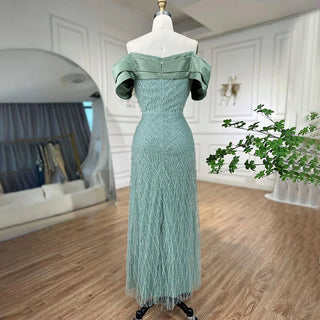 Elegant Off-Shoulder Sage Green Dubai Evening Dresses: Luxury Tassel Accents for Arabic Women's Wedding and Formal Party Gowns (2024)