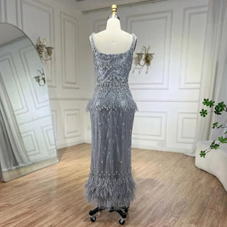 Bling Gray Mermaid Arabic Evening Dress with Cape Feather: Prom Formal Attire for Women's Wedding Party