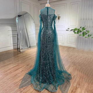 Elegant Arabic Purple Mermaid Evening Dress with Cape Sleeves - Beaded Luxury Gown for Women's Wedding Party 2024