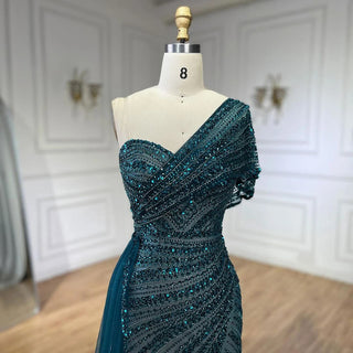 2024 Green Mermaid High Split One Shoulder Beaded Evening Dress: Gowns for Women's Wedding Party