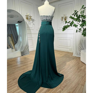 High Split Mermaid Nude Evening Dress 2024: Sexy Strapless Gown with Crystal Beading