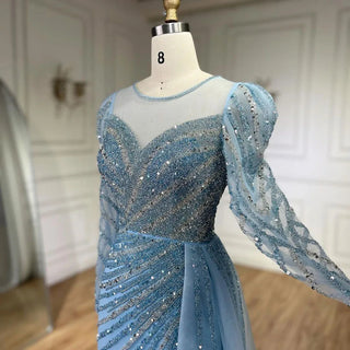 Ships in 1 to 3 Days - 2024 Arabic Turquoise Mermaid Split Beaded Luxury Dubai Long Evening Dresses Gowns for Women's Wedding Party