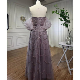 Arabic Pink A-Line Strapless Evening Gown: Beaded Long Dress for Women's Wedding Party 2024