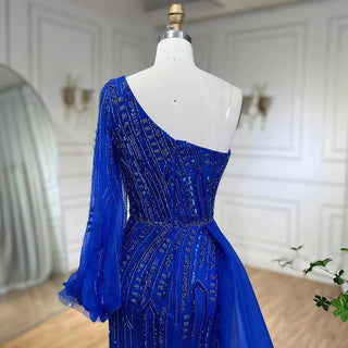 Arabic Blue Mermaid Evening Gown with Beaded Overskirt - Luxury Dress for Women's Wedding Party 2024