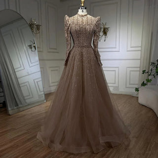 2024 Dubai Arabic Designer Luxury Sage Green A-Line Beaded Evening Dress: Perfect for Women's Wedding Party