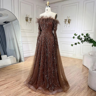 2024 Brown Feathers Beaded Evening Dress with Cape Sleeves - A-Line Gown for Women's Wedding Party