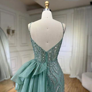 2024 Sky Blue Spaghetti Strap Luxury Evening Dress: Mermaid Beaded Elegant Overskirt for Women's Party